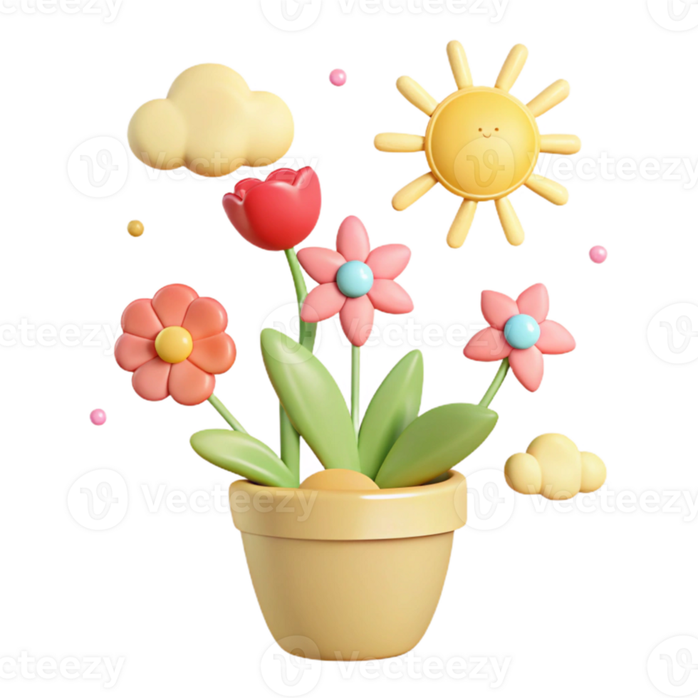 Cute 3D Flower Pot with Smiling Sun and Clouds png