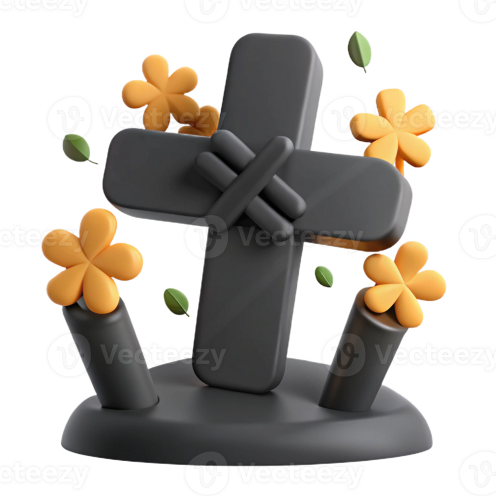 3D Render of Cross with Flowers png