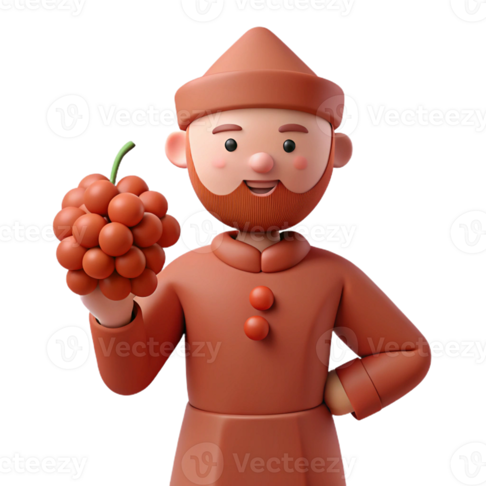 3D Cartoon Illustration of a Man with a Beard Holding a Bunch of Berries png