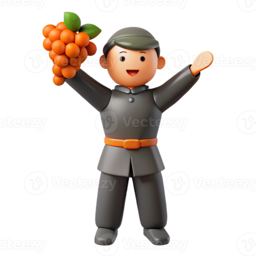 Cheerful Cartoon Character Holding a Bunch of Fruit png