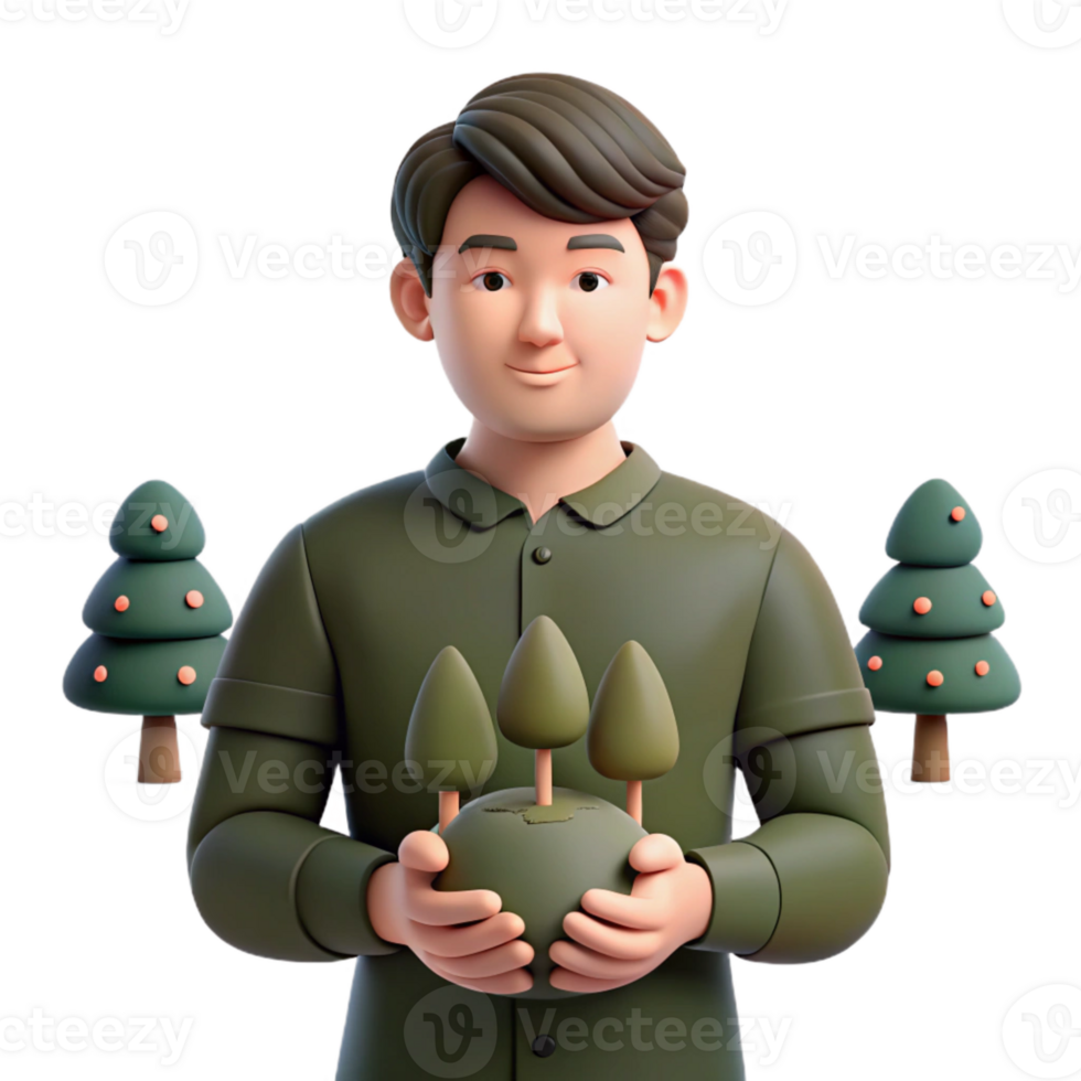 3D Character Holding a Globe with Trees - Environmental Concept png