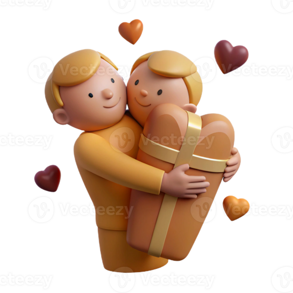 Cute 3D Cartoon Characters Hugging a Gift Box with Hearts png