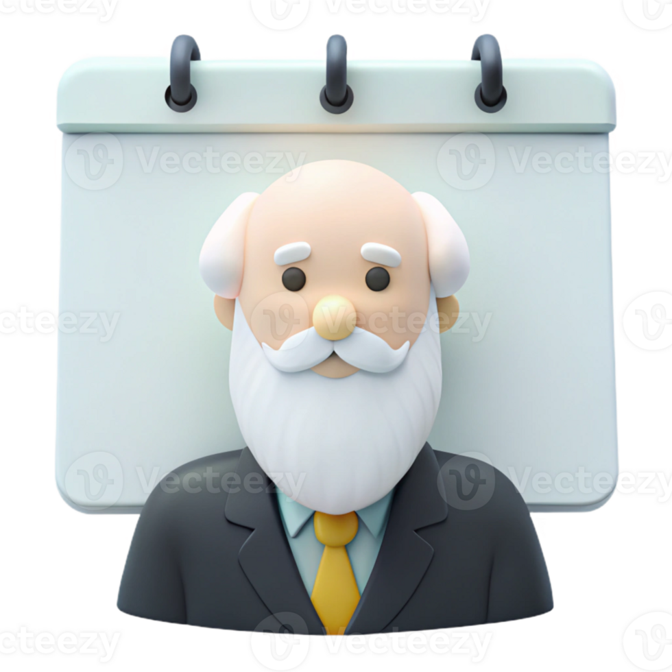 Cartoon Senior Man with White Beard and Mustache in a Suit Next to a Blank Calendar png