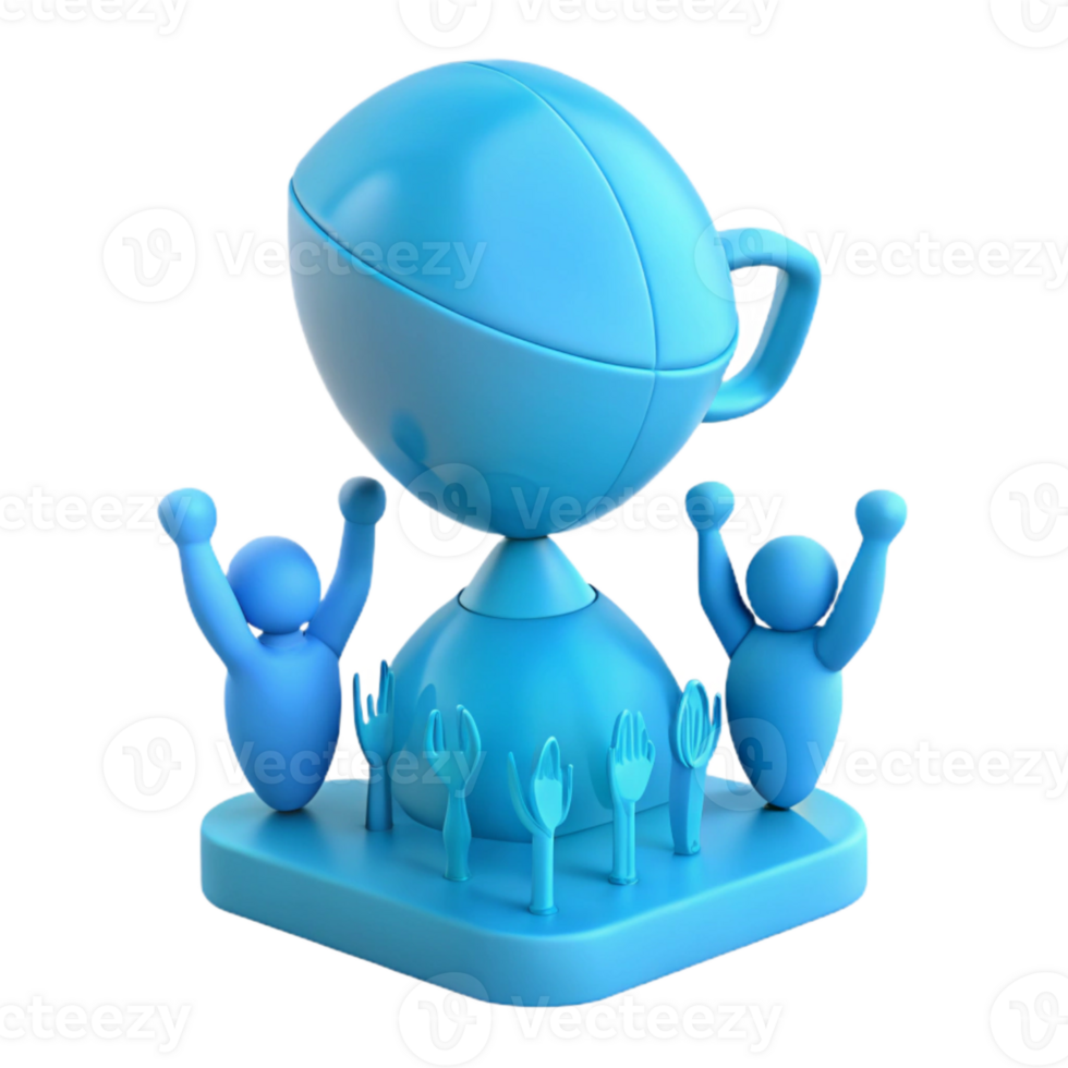 3D Render of Blue Trophy with Cheering Figures and Upturned Hands png