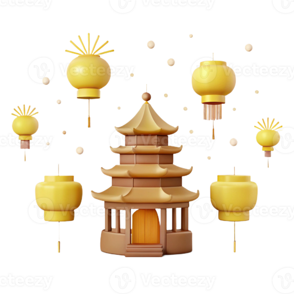 3D Rendering of a Pagoda with Hanging Lanterns png