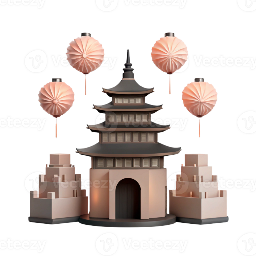 3D Render of a Pagoda with Lanterns png