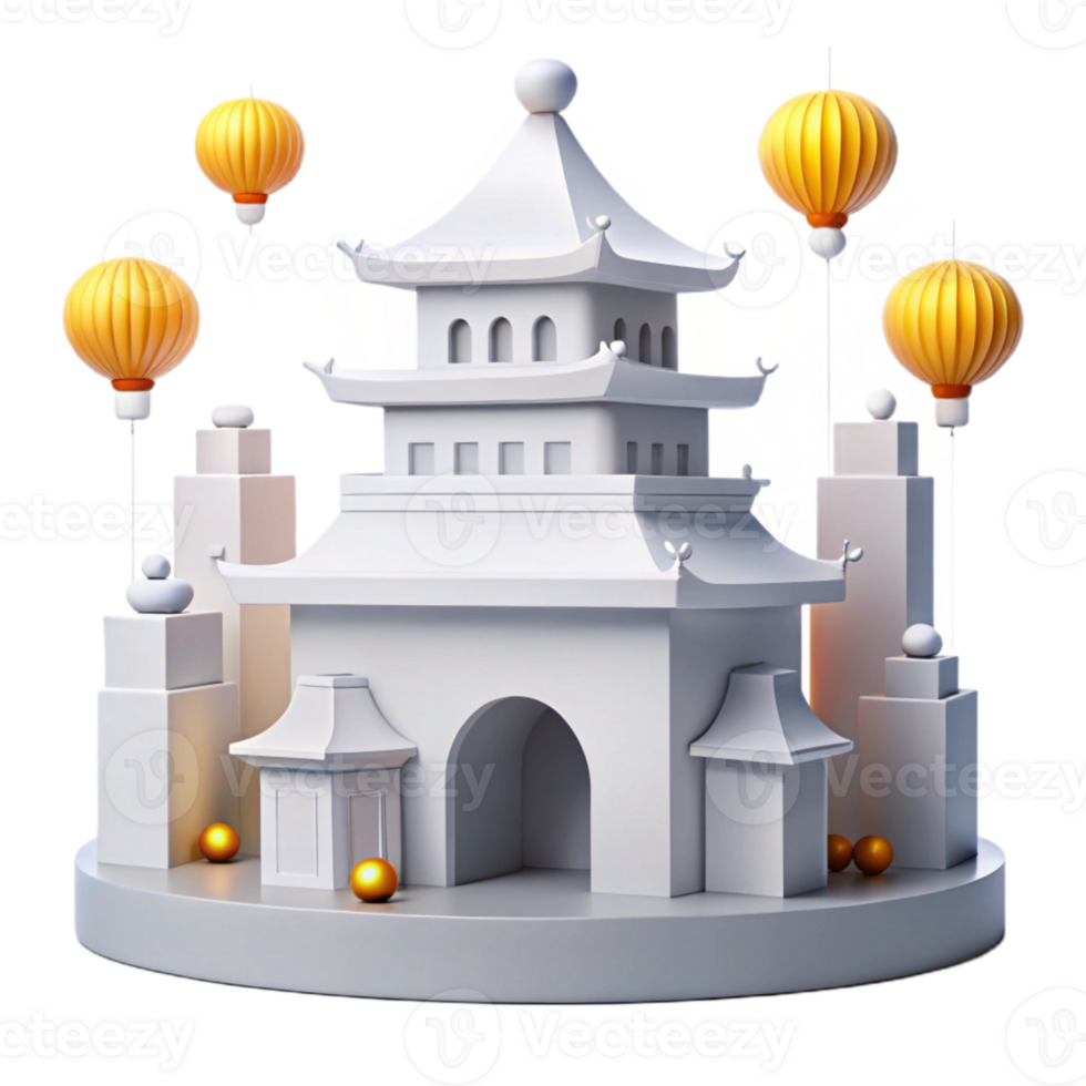 3D Render of a Traditional Asian Pagoda with Lanterns png
