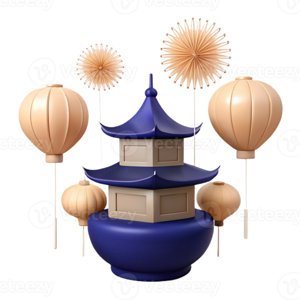 Decorative Pagoda with Lanterns and Flowers png