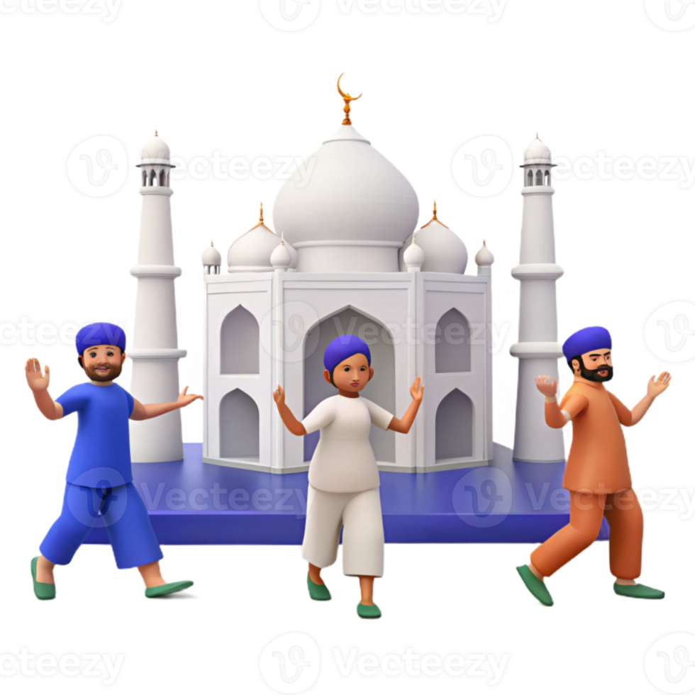 3D Illustration of People Dancing in Front of a Mosque png