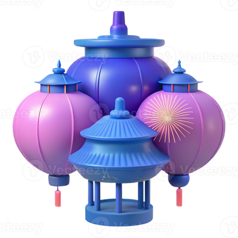 3D Rendered Asian Lanterns and Pagoda png