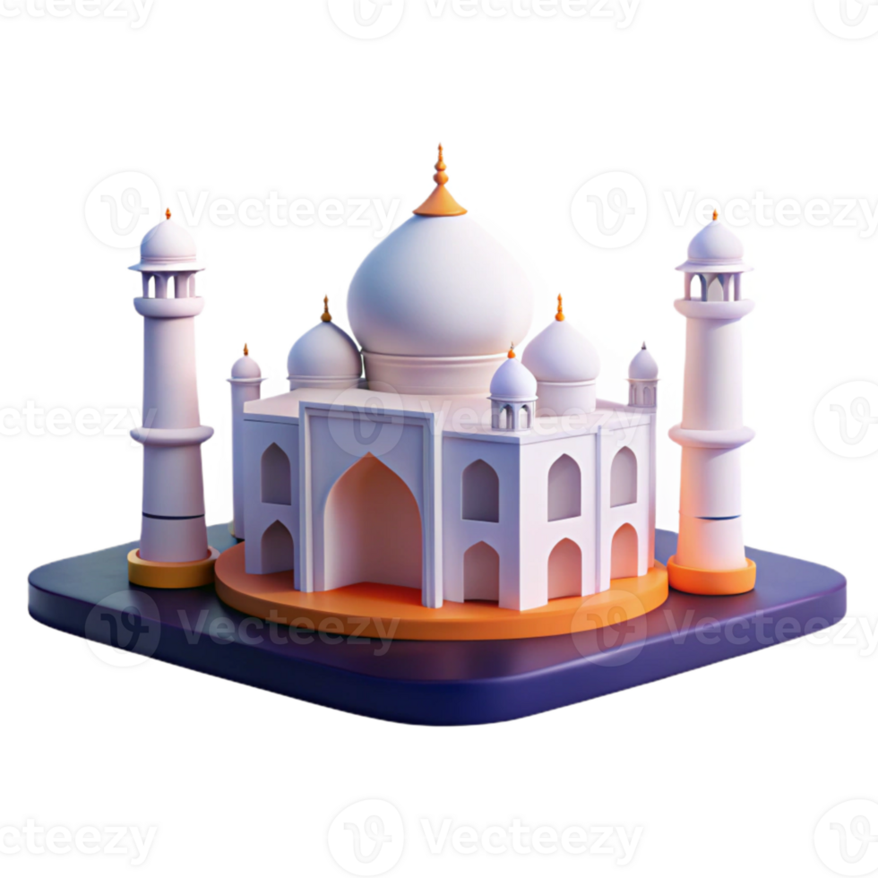 3D Render of an Islamic Mosque with Minarets and Domes png