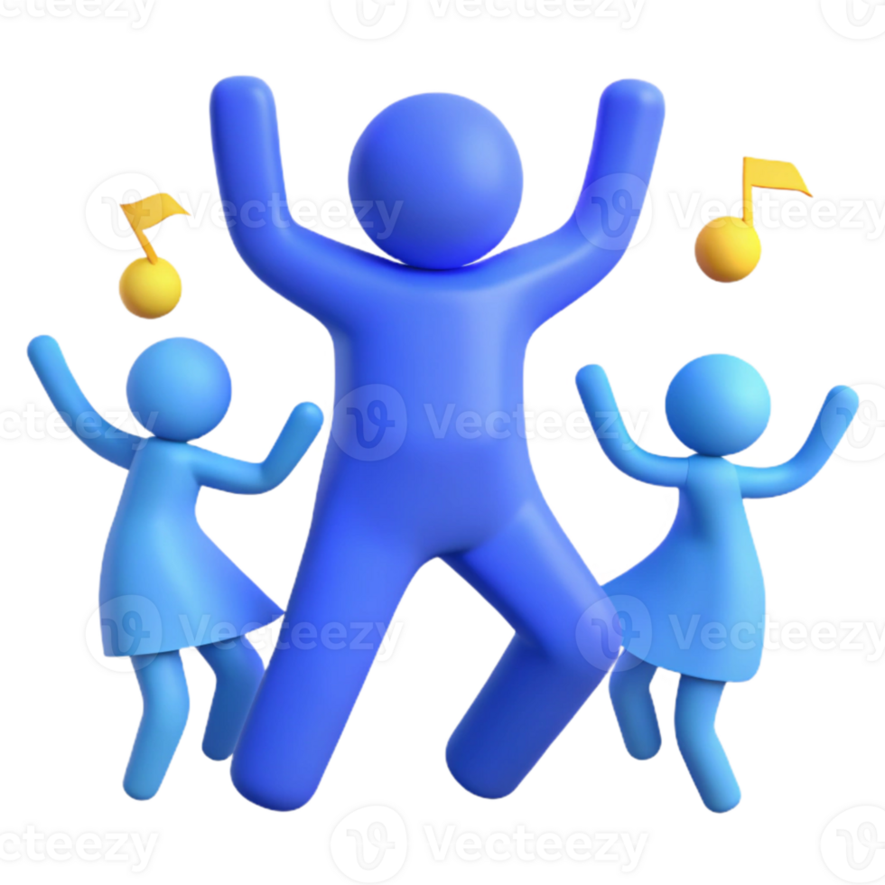Three Blue Stick Figures Dancing with Music Notes png