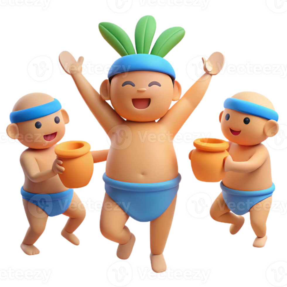 Three 3D Cartoon Characters Dancing with Pots png