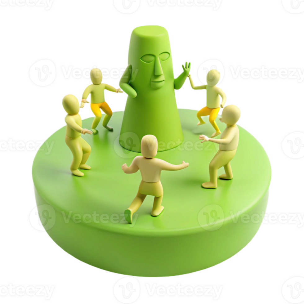 3D Render of Green Statue and People Dancing png
