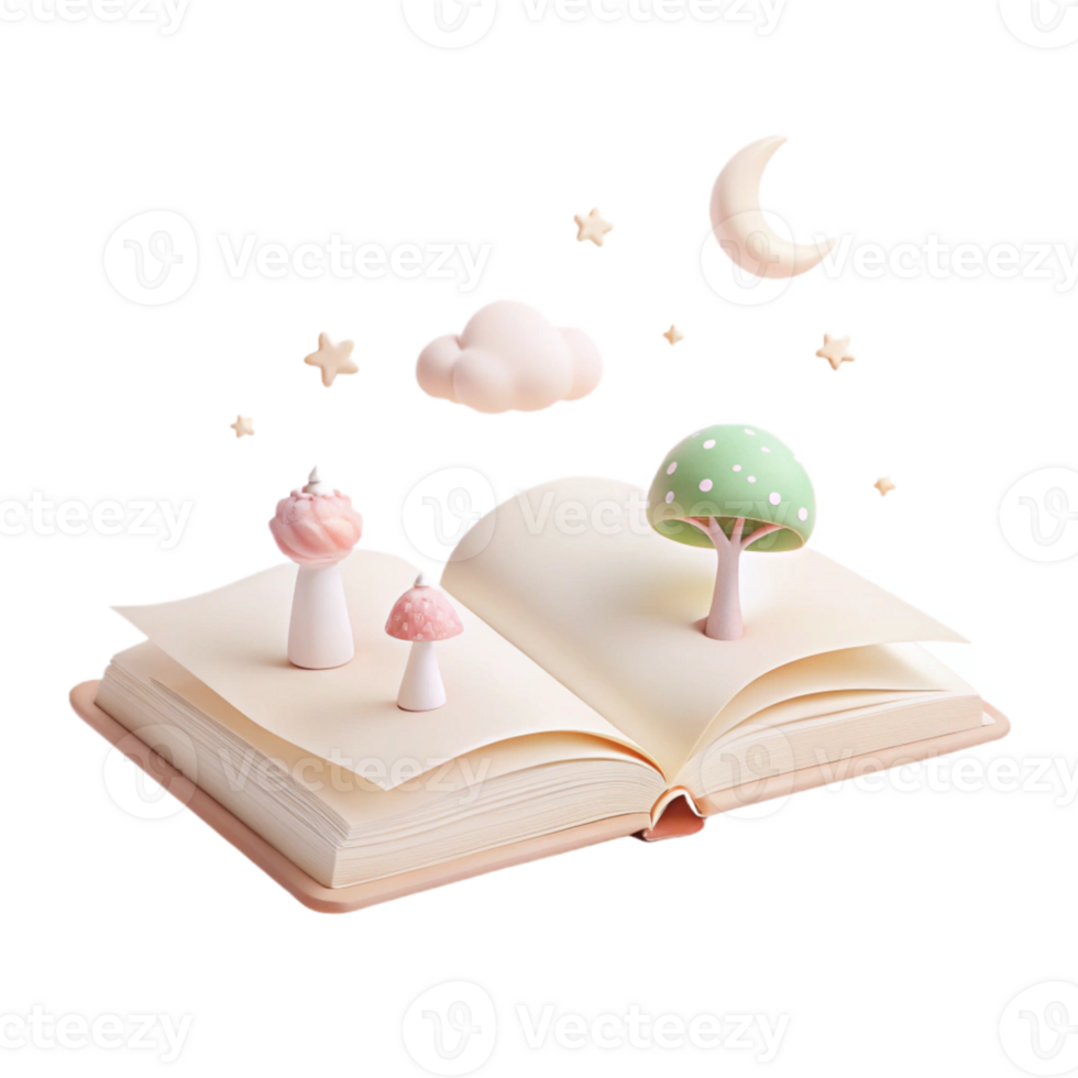 Open Book with 3D Mushroom and Cloud Illustrations png