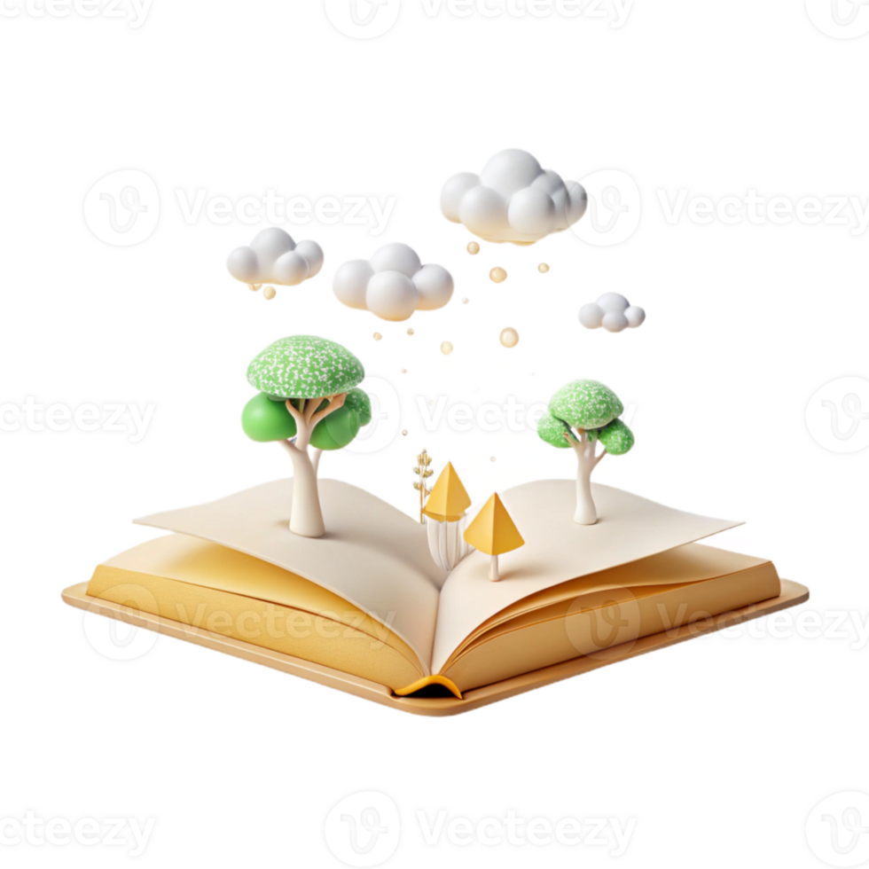 Open Book with Trees and Clouds A 3D Illustration png