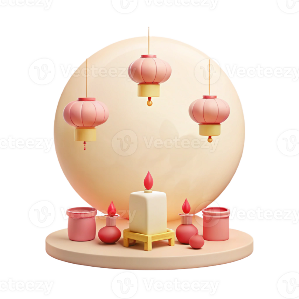 3D Rendered Scene with Lanterns, Candles, and a Circular Platform png