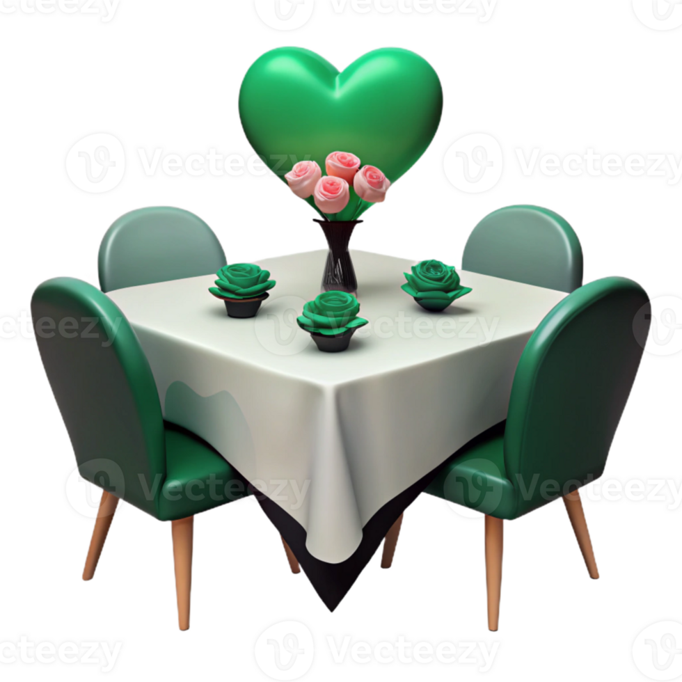 Romantic Dinner Table Setting with Green Chairs and Heart-Shaped Balloon png