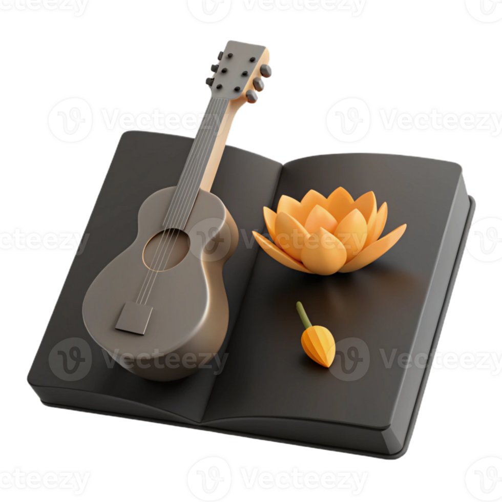 3D Rendered Guitar, Lotus Flower, and Bud on Open Book png