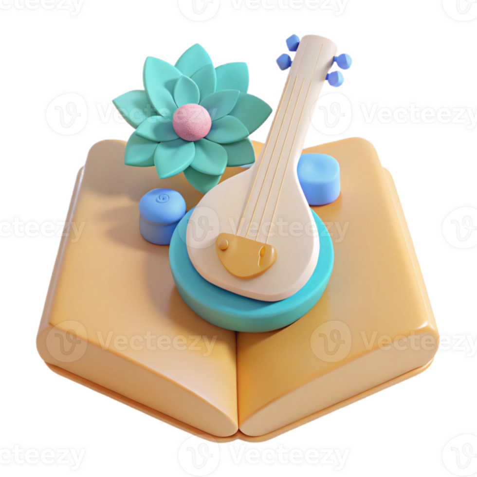 3D Render of an Open Book with a Musical Instrument and a Flower png