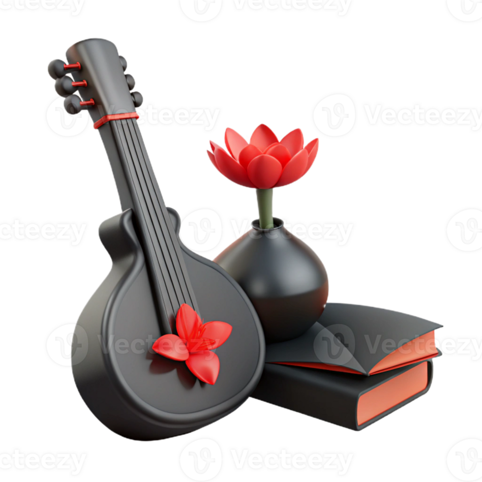 3D Rendered Still Life with Guitar, Flower, and Books png