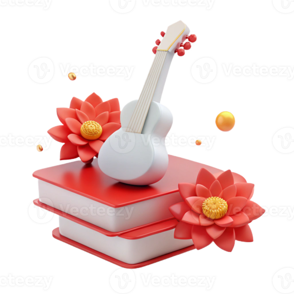 Red Books, Guitar, and Flowers A Festive 3D Illustration png
