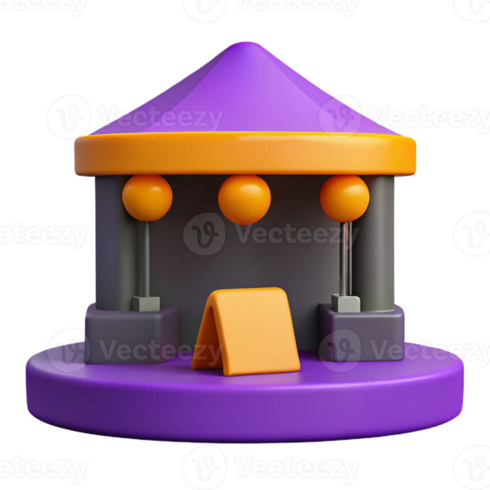 3D Cartoon Render of a Purple Tent with Orange Lights and Blank Sign png