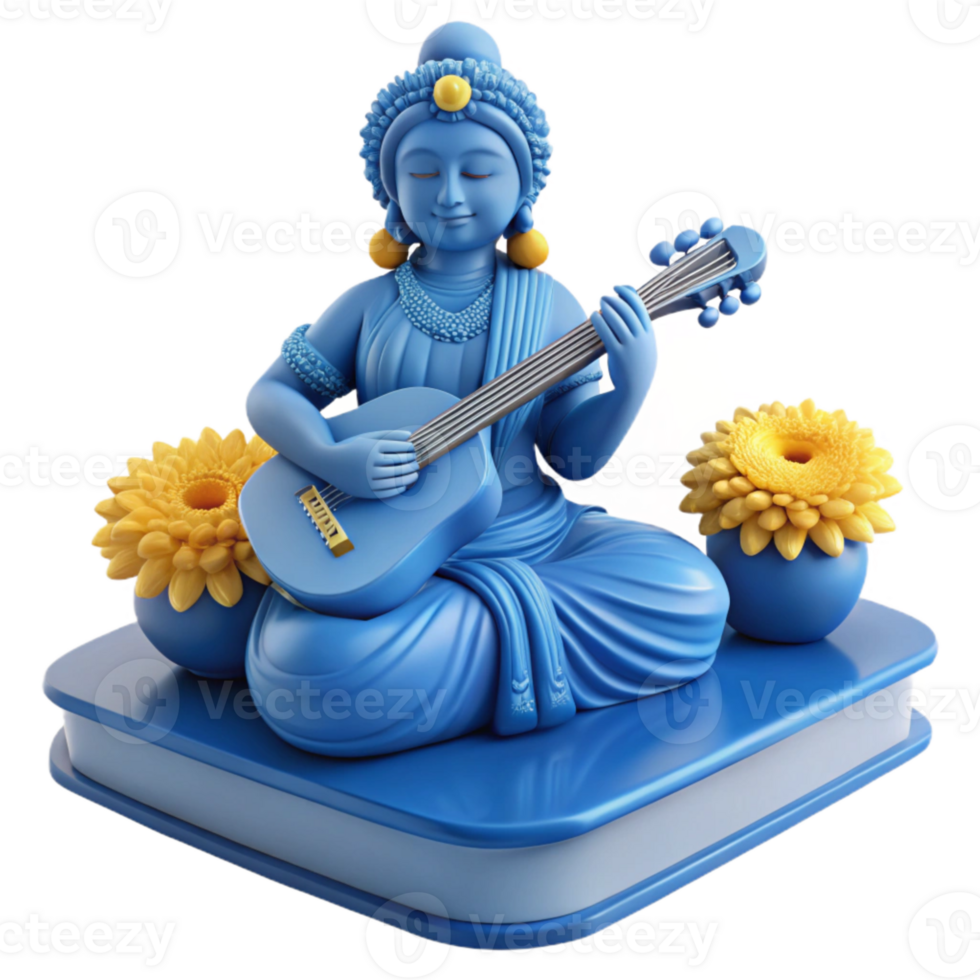 Blue Figurine Playing Guitar with Flowers png