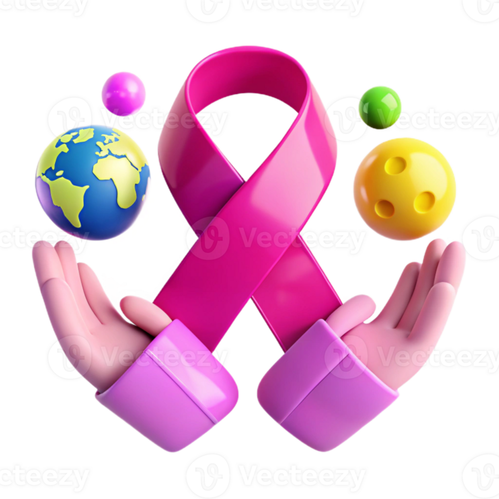 Pink Ribbon and Hands Holding Globe and Balls png