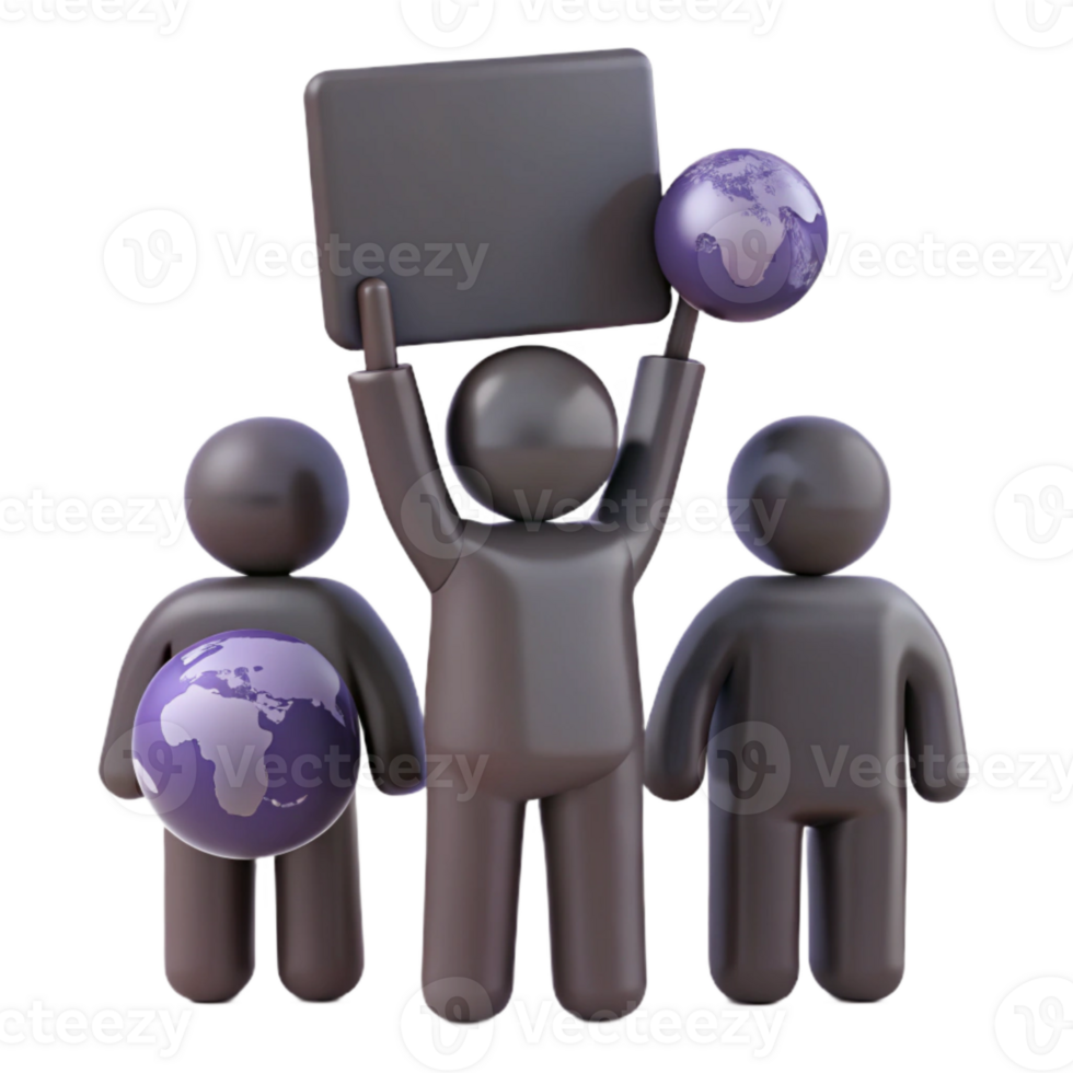 Global Unity Three Figures Holding Earth Globes and a Blank Sign png
