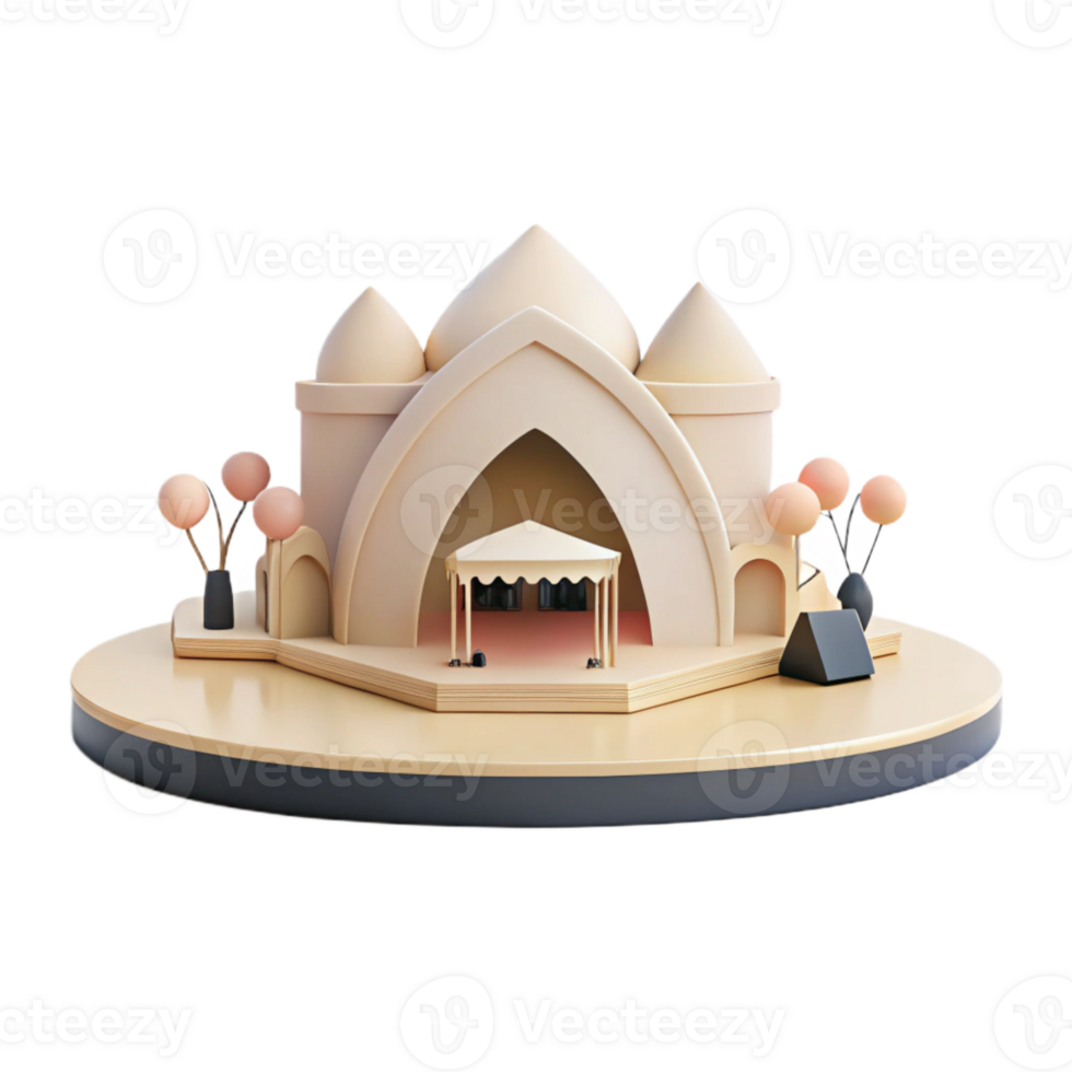 3D Render of a Colorful Arched Building with a Stage and Trees png