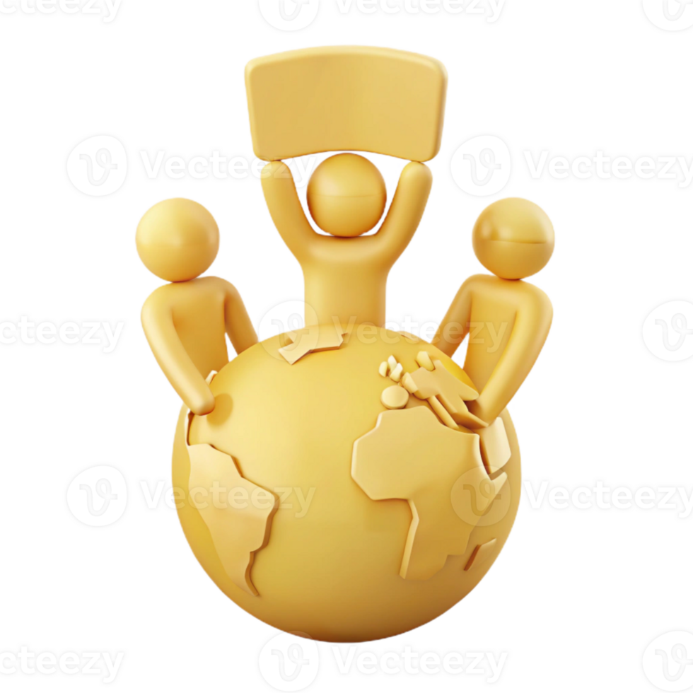 Global Collaboration Three Figures Holding a Blank Sign on a Globe png