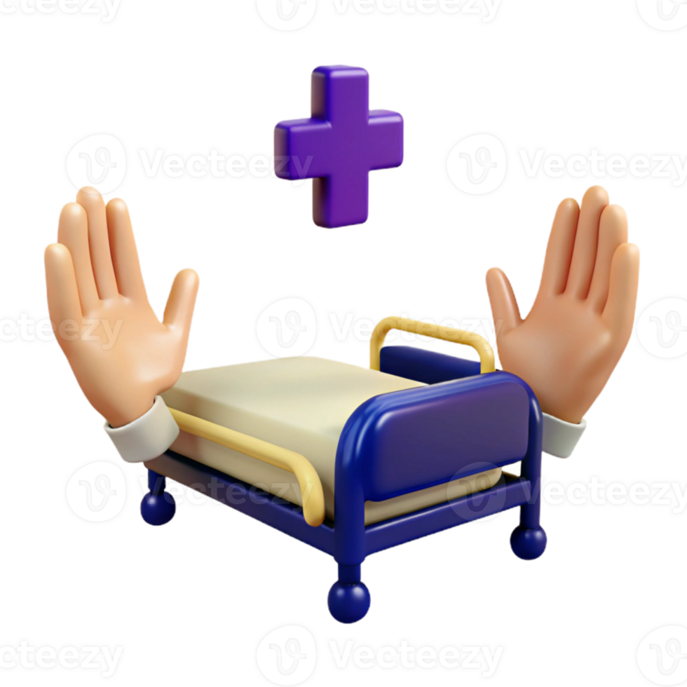 3D Cartoon Illustration of a Hospital Bed with Hands Raised in Surrender png