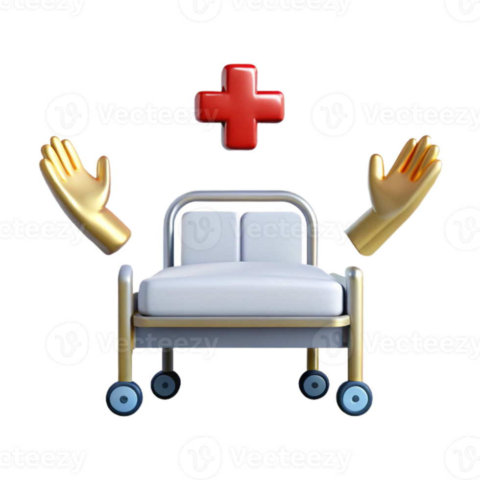 3D Medical Illustration of a Hospital Bed with a Red Cross and Two Golden Hands Reaching Up png