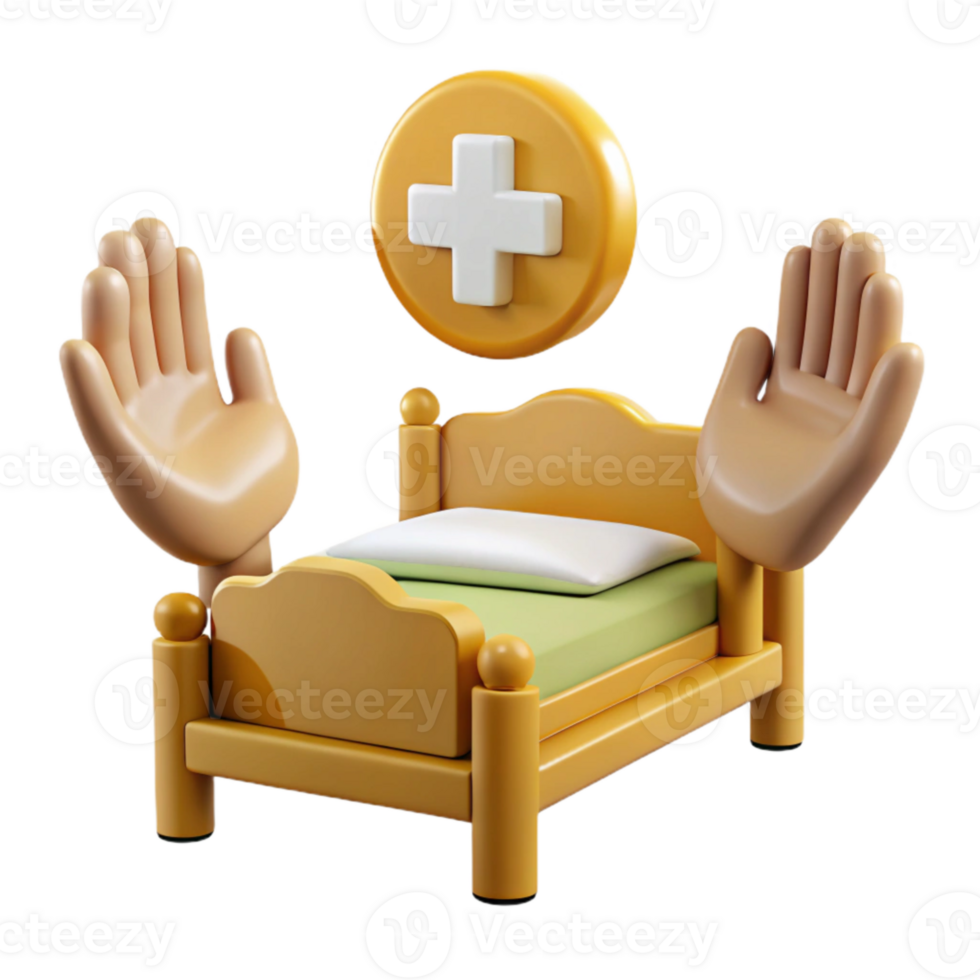 3D Illustration of a Bed with Hands Reaching Up and a Plus Sign png