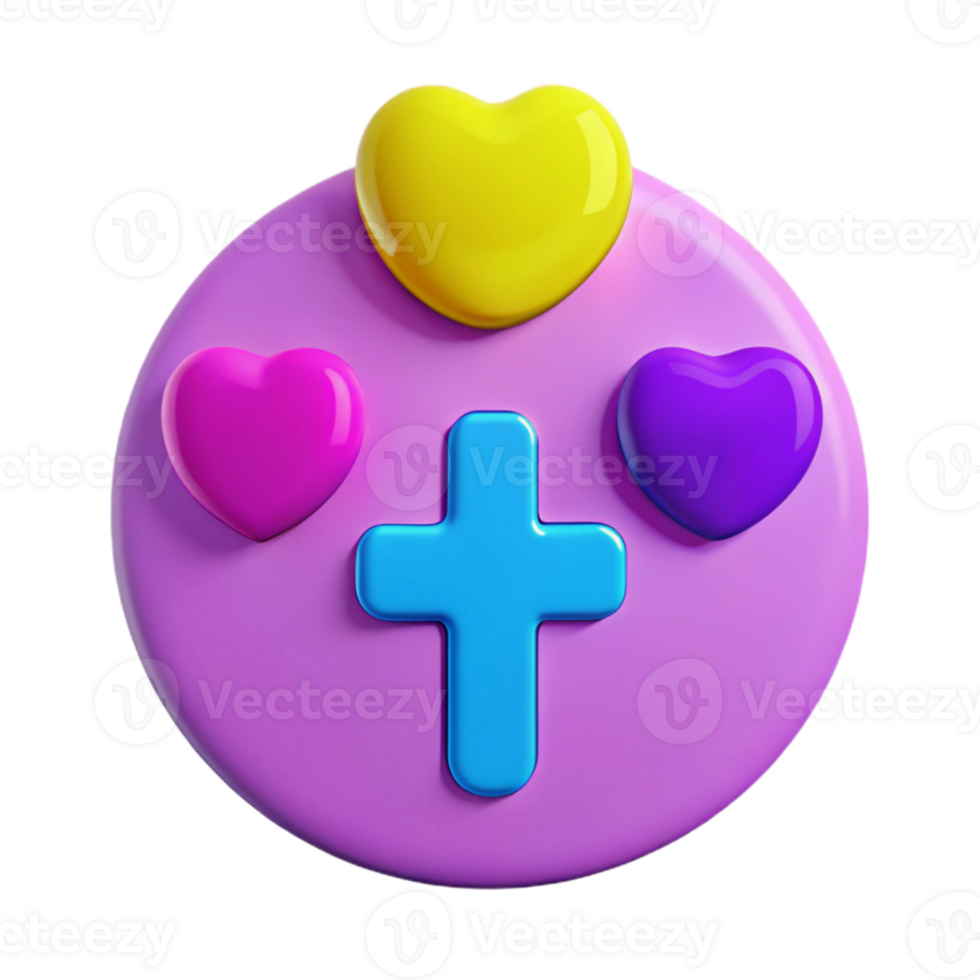 Colorful 3D Hearts and Cross Icon on Purple Circle png