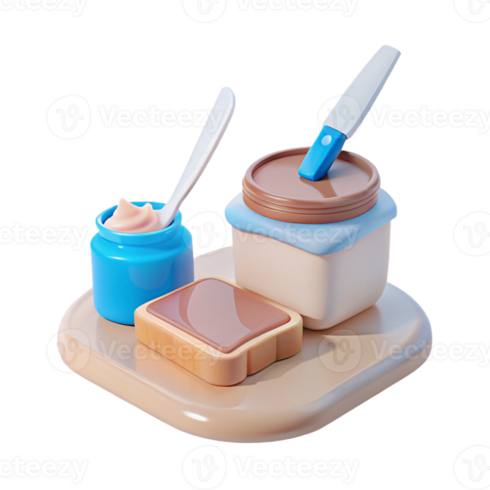 3D Rendered Illustration of a Toast with Chocolate Spread and Two Jars of Cream png