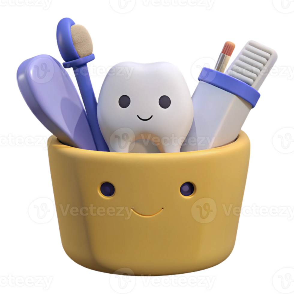 Smiling Tooth and Dental Tools in a Cute Container png
