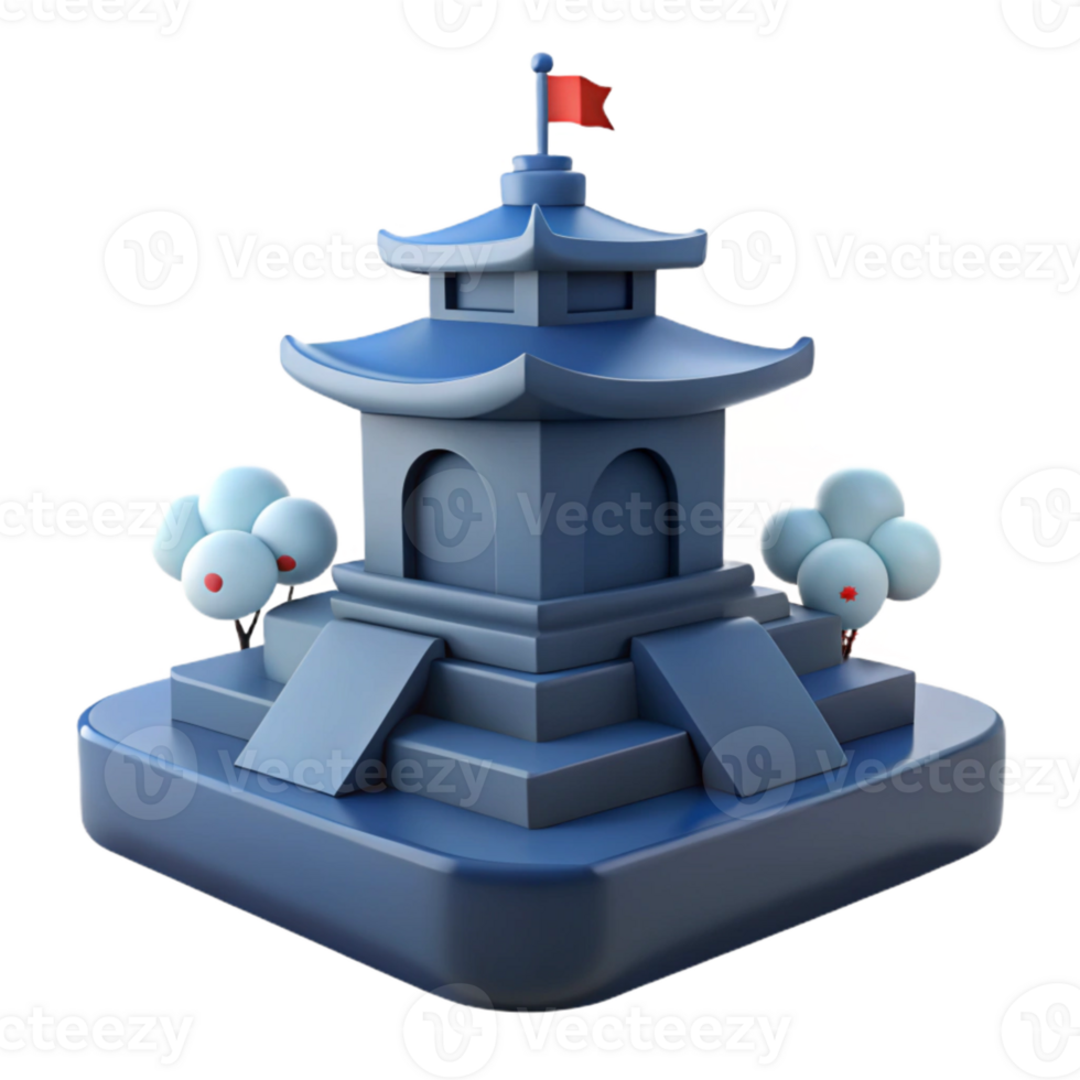 3D Render of a Pagoda with a Red Flag on Top png