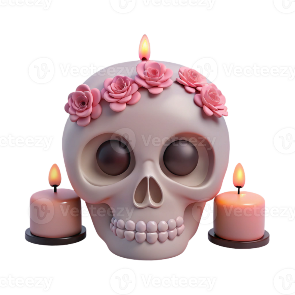 Cute 3D Skull with Flowers and Candles png