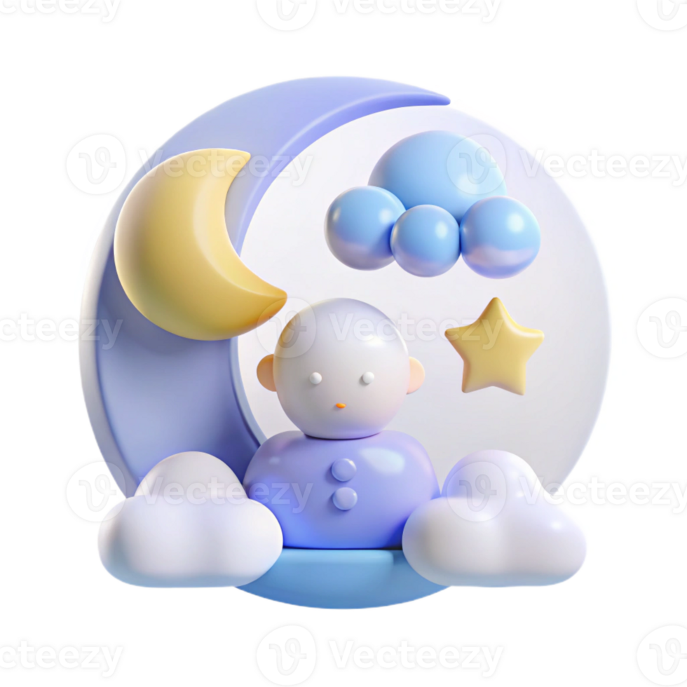 3D Illustration of a Baby Sleeping on the Moon with Clouds and Stars png
