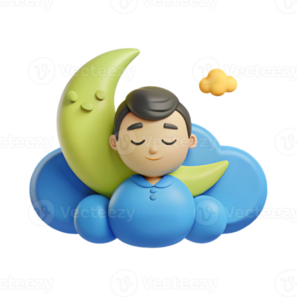 Sleeping Boy on a Cloud with a Crescent Moon png