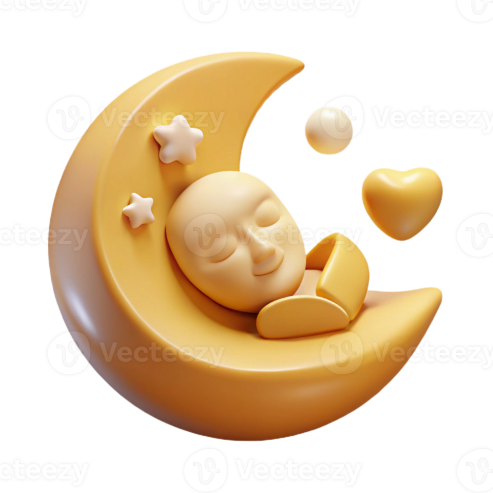 Sleeping Face on Crescent Moon with Stars and Heart png