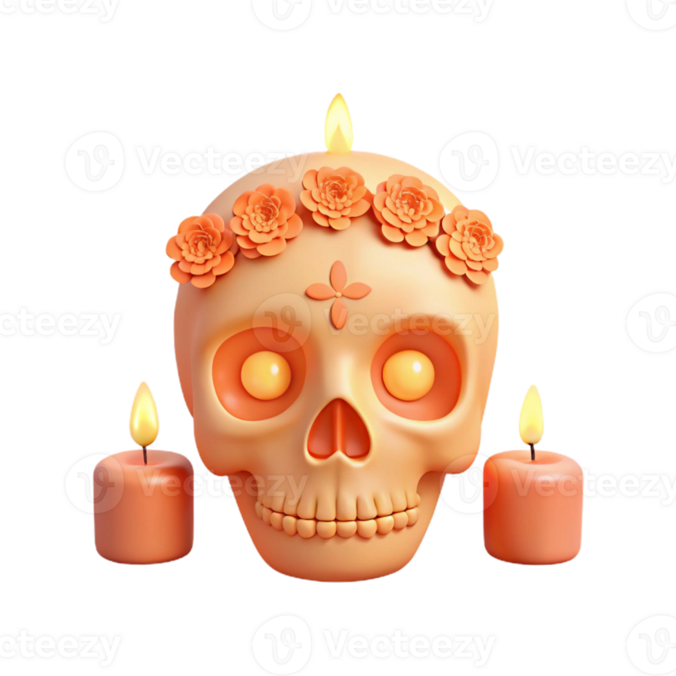 Sugar Skull with Candles and Flower Wreath png