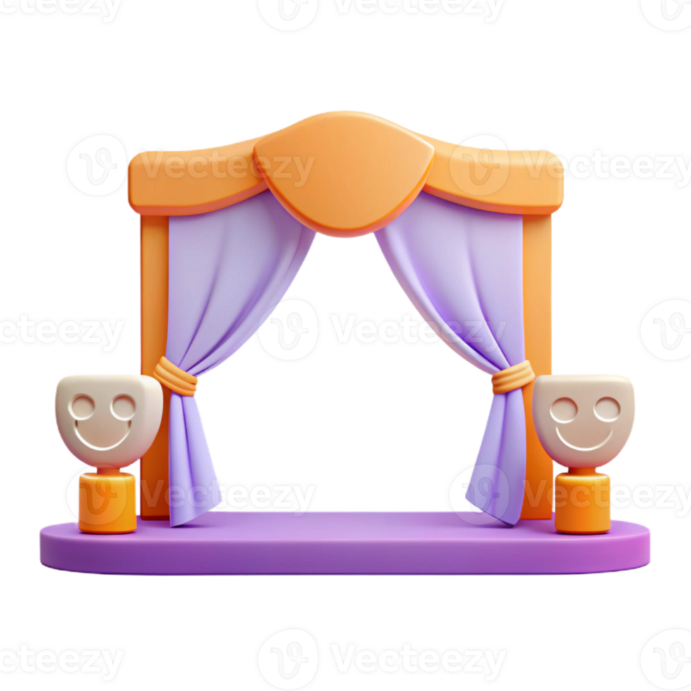 3D Render of Stage with Curtains and Smile Face Statues png