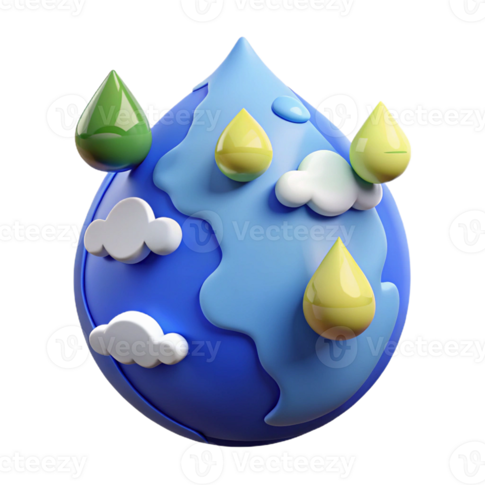 3D Illustration of a Water Drop Planet with Clouds and Rain png