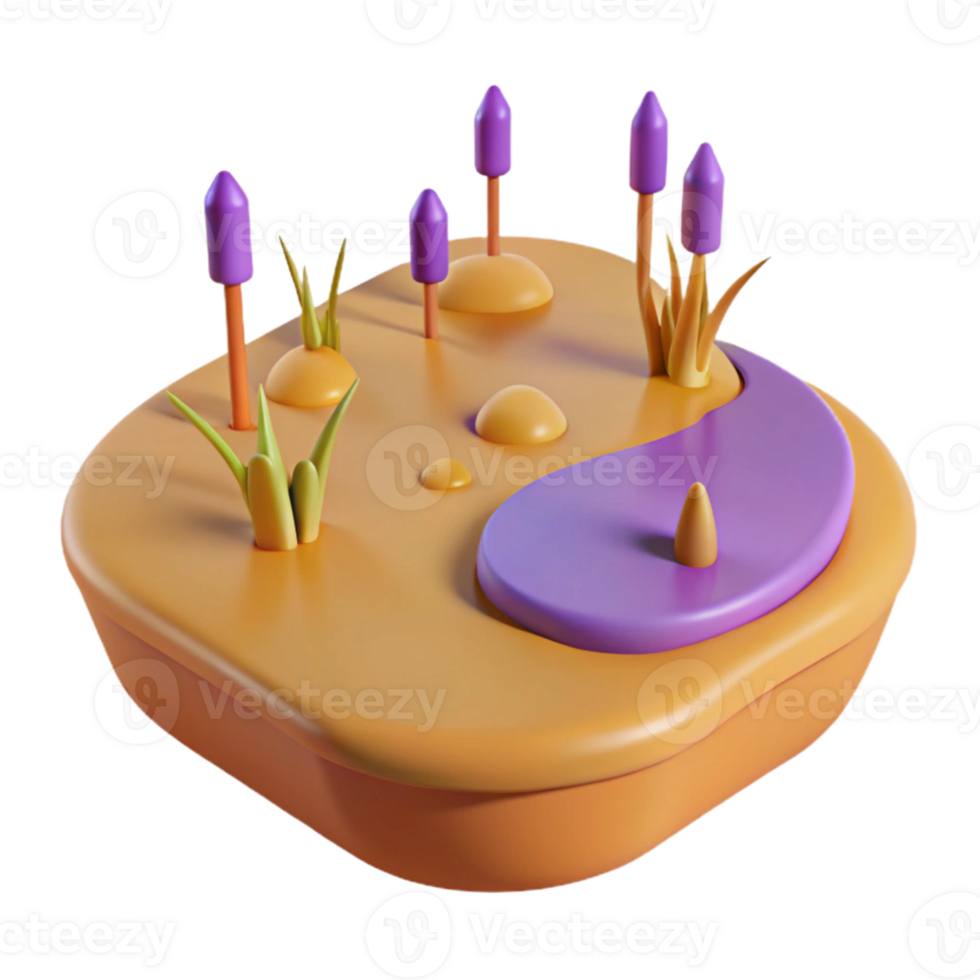 3D Render of a Small Island with a Purple Pond png