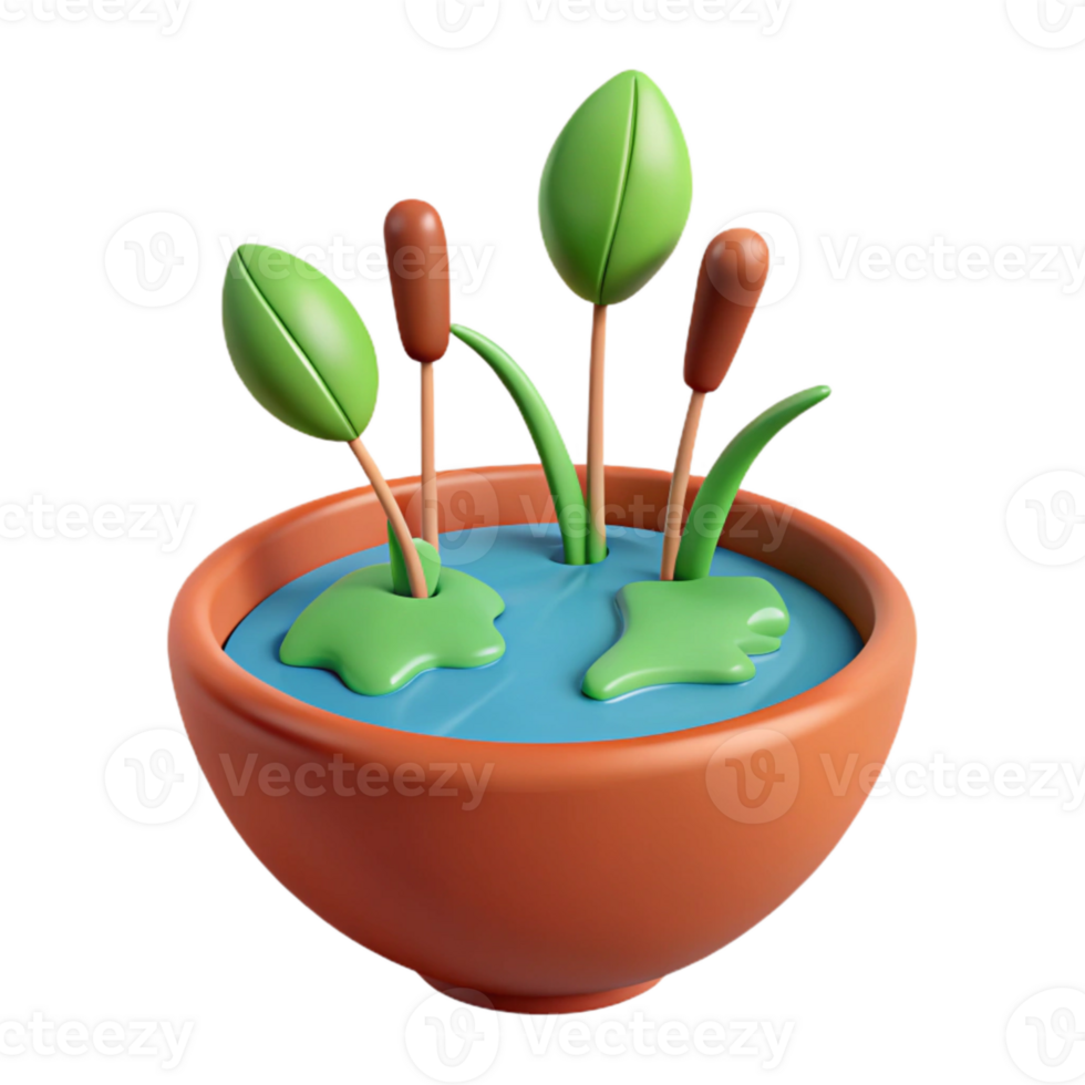 3d render do uma pequeno lagoa com cattails e lírio almofadas png