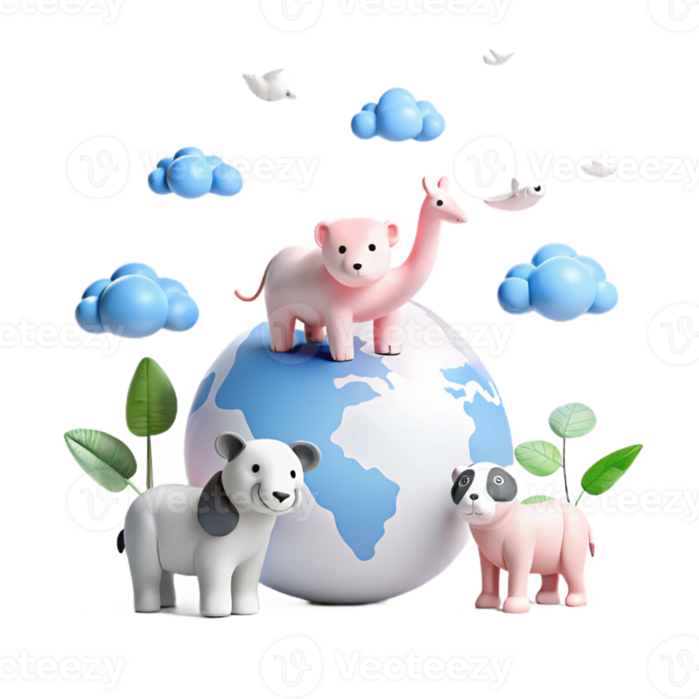 Cute Animals on Earth 3D Rendered Illustration png