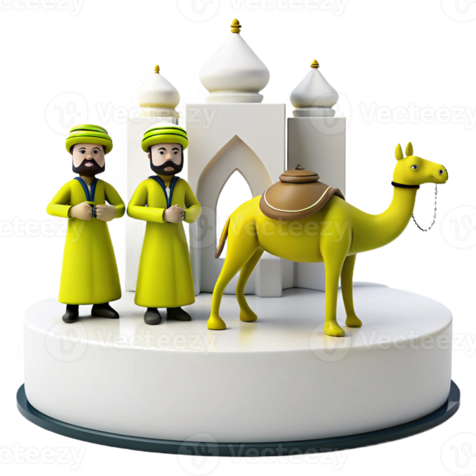 3D Cartoon Illustration of Two Figures and Camel in Front of a Mosque png